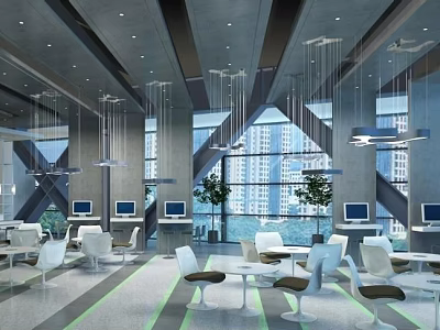 Modern Lounge Area Interior With Tables Chairs Computers Large Windows And Plants 3d model