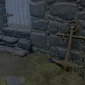 Cartoon Scene of a Quaint Stone Cottage with Small Chimney Wooden Door and Rake Nearby