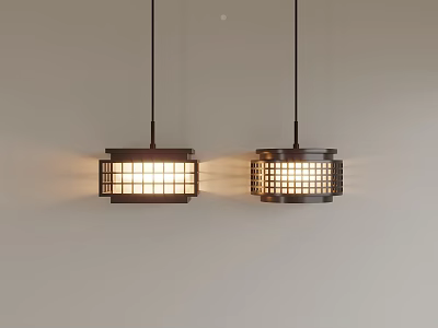 Two Modern Grid Design Pendant Lights Emitting Warm Light Against White Wall 3d model