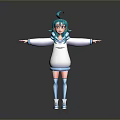 3D Anime Character Creature With Turquoise Hair White Hoodie Blue Skirt Open Arms Pose