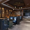 Modern Chinese Restaurant Interior With Wooden Ceiling Lanterns Blue Seats Black Partitions Marble Dining Tables