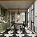 Cozy Modern Restaurant Interior With Green Cabinets Black White Geometric Tile Backsplash Wooden Beams Pendant Lights Dining Table And Bar Counter Stools