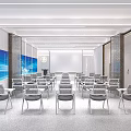 Modern Conference Room Interior With Neatly Arranged Tables Chairs Bright Lighting And Large Screen