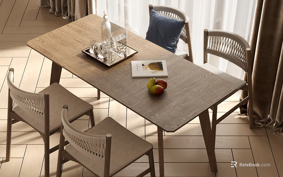 Modern Minimalist Dining Table Set With Woven Backrest Chairs And Glassware Tray Fruits Magazine 3d model 