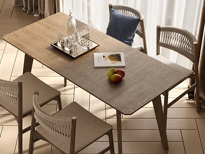 Modern Minimalist Dining Table Set With Woven Backrest Chairs And Glassware Tray Fruits Magazine 3d model
