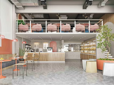 Bright Bubble Tea Shop With Two Story Design Wooden Counter Tables Chairs And Green Plant 3d model