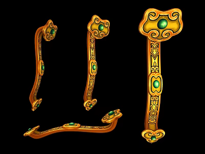 Ruyi Shaped Golden Ornament Decoration Set with Green Gemstones and Classical Patterns 3d model