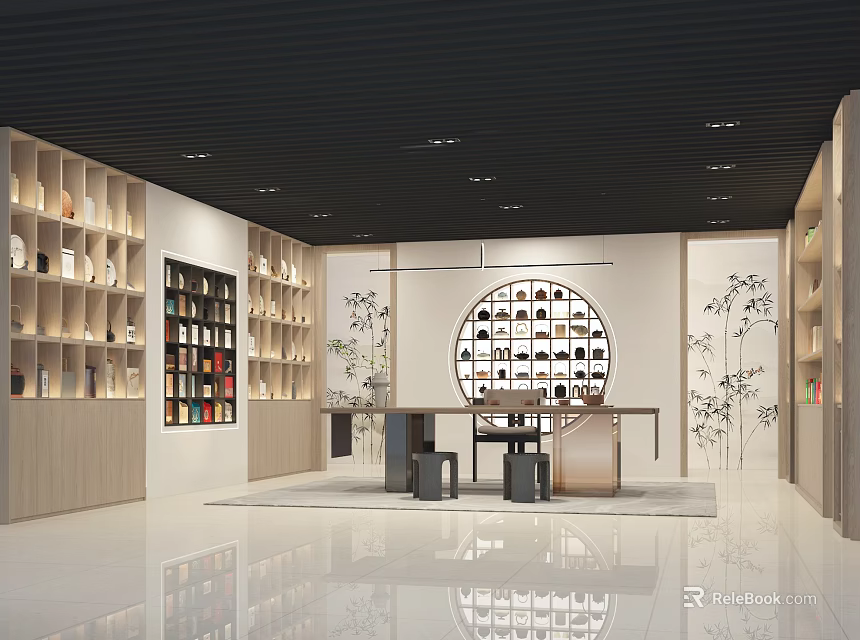 Modern Tea House Interior With Round Table Bookshelves Pendant Lights And Bamboo Decorations 3d model 