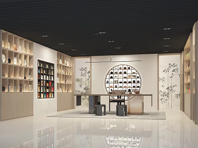 Modern Tea House Interior With Round Table Bookshelves Pendant Lights And Bamboo Decorations 3d model