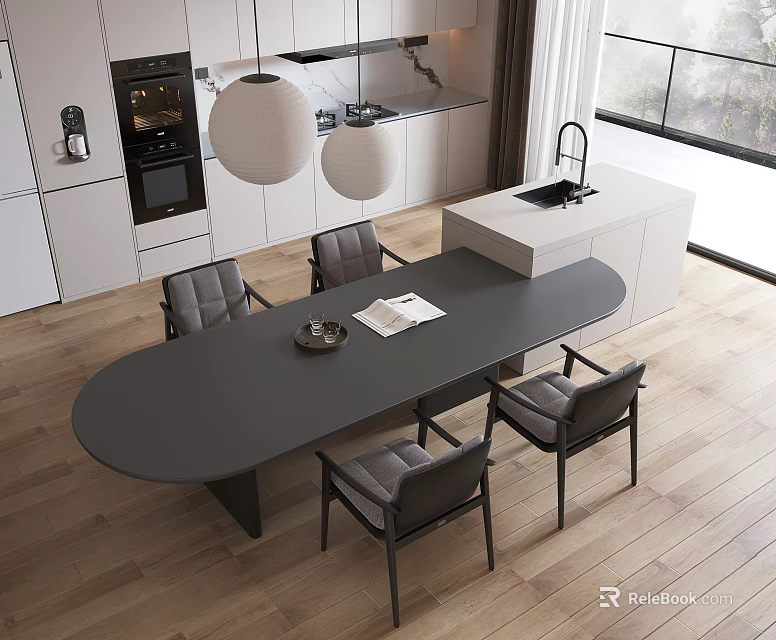 Modern Open Kitchen Interior With Island Counter Dining Table Chairs And Pendant Lights 3d model 