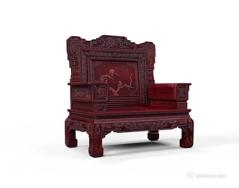 Traditional Chinese Armchair with Intricate Carved Patterns and Red Wood Design 3d model 