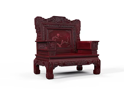 Traditional Chinese Armchair with Intricate Carved Patterns and Red Wood Design 3d model