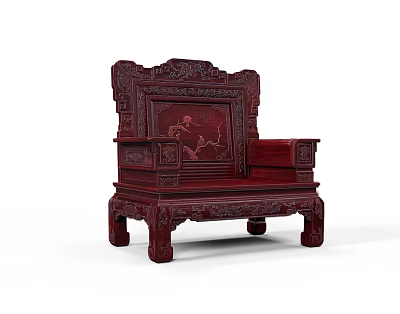 Traditional Chinese Armchair with Intricate Carved Patterns and Red Wood Design 3d model