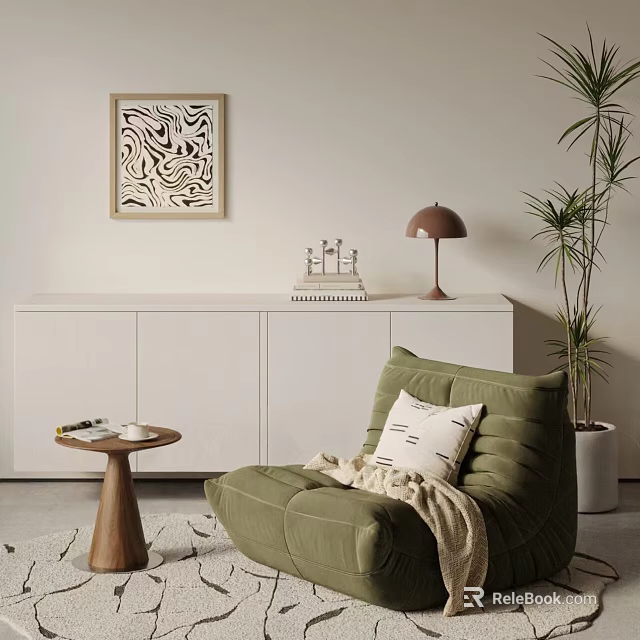 Green Velvet Leisure Sofa Set With Side Table Magazines Decorative Painting And Potted Plant 3d model 