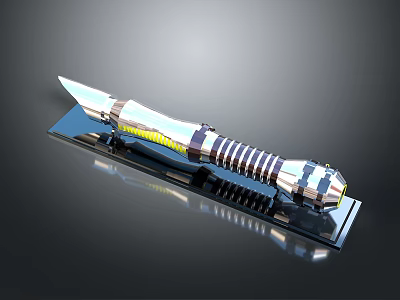 Silver Weapon Knife With Yellow Striped Spiral Handle On Black Display Stand And Dark Reflective Surface 3d model