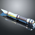 Silver Weapon Knife With Yellow Striped Spiral Handle On Black Display Stand And Dark Reflective Surface