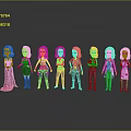 Blonde Female Characters Standing in a Row with Various Outfits and Reflections