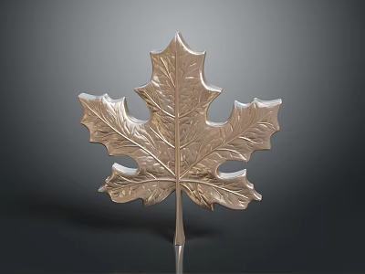 Golden Metallic Maple Leaf With Intricate Vein Texture And Slender Stem Against Dark Background 3d model