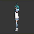 3D Anime Character Creature With Turquoise Hair White Hoodie Blue Skirt Open Arms Pose