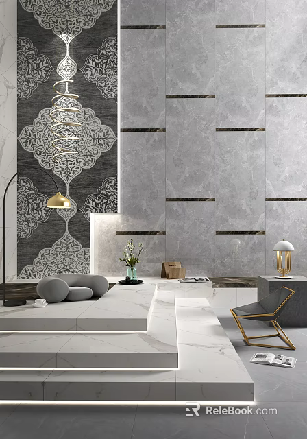Modern Living Room Background Wall With Gray Marble Tiles Decorative Strips And Pattern Design 3d model 