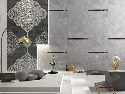 Modern Living Room Background Wall With Gray Marble Tiles Decorative Strips And Pattern Design 3d model