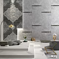 Modern Living Room Background Wall With Gray Marble Tiles Decorative Strips And Pattern Design