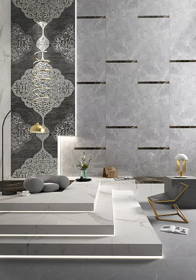 Modern Living Room Background Wall With Gray Marble Tiles Decorative Strips And Pattern Design 3d model