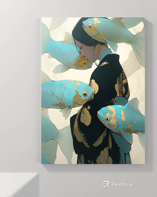 Vibrant Animal Painting With Black Kimono Woman And Blue Gold Spots Koi Fish 3d model 