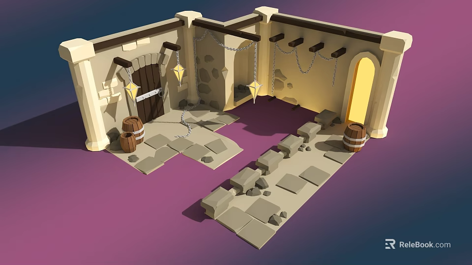 Rustic Garden Landscape With Stone Floor Wooden Barrels Lanterns And Arched Doorway 3d model 