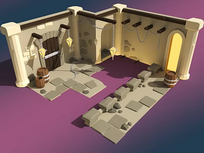 Rustic Garden Landscape With Stone Floor Wooden Barrels Lanterns And Arched Doorway 3d model