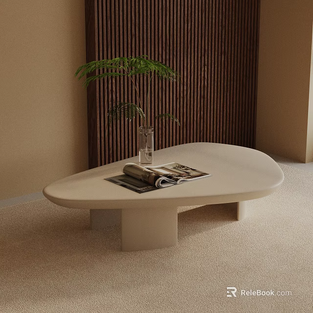 Minimalist Sofa and Coffee Table Set with Magazine Vase Green Plant on Beige Carpet 3d model 