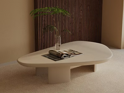 Minimalist Sofa and Coffee Table Set with Magazine Vase Green Plant on Beige Carpet 3d model