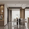 Modern Open Restaurant Interior With Dining Table Chairs Wooden Elements And Marble Top 3d model