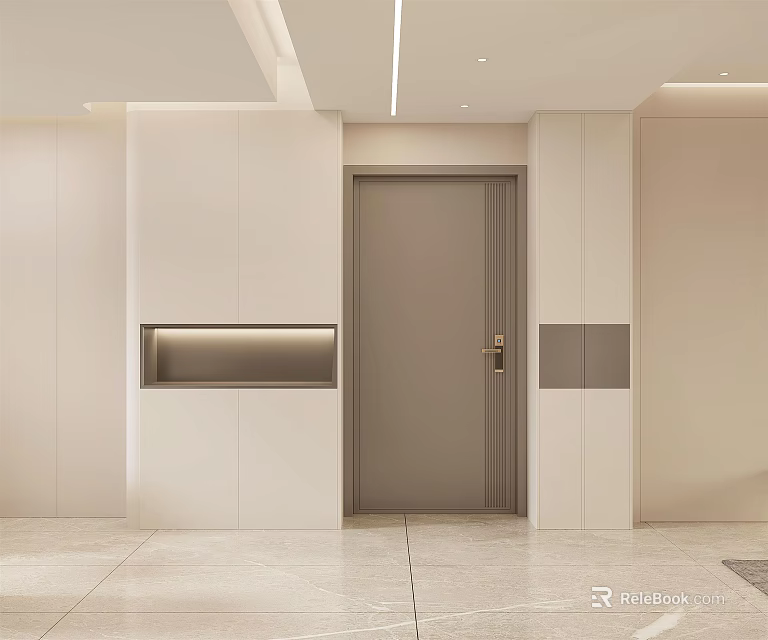Modern Entryway Hallway with White Walls Gray Door White Cabinets Recessed Niche Light Tile Flooring 3d model 