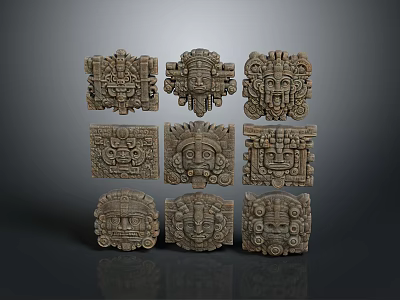 Nine Ancient Square Stone Panels With Intricate Facial Carvings And Traditional Designs 3d model
