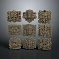 Nine Ancient Square Stone Panels With Intricate Facial Carvings And Traditional Designs