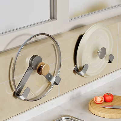 Wall Mounted Glass And White Pot Lids Holder For Kitchen Cookware Organization 3d model