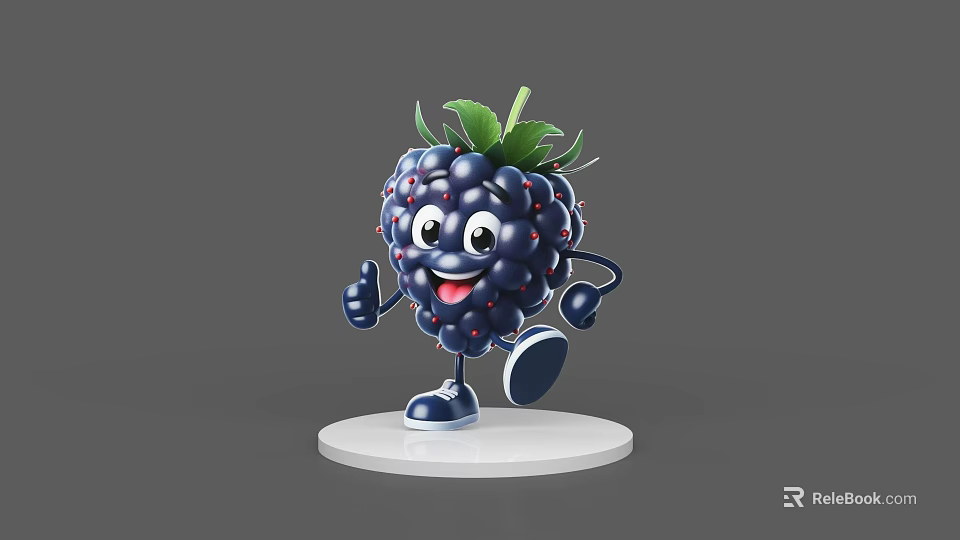 Cartoon Blackberry Game Character With Smiling Face Thumbs Up Green Leaves Running On White Platform 3d model 