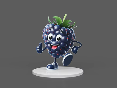 Cartoon Blackberry Game Character With Smiling Face Thumbs Up Green Leaves Running On White Platform 3d model