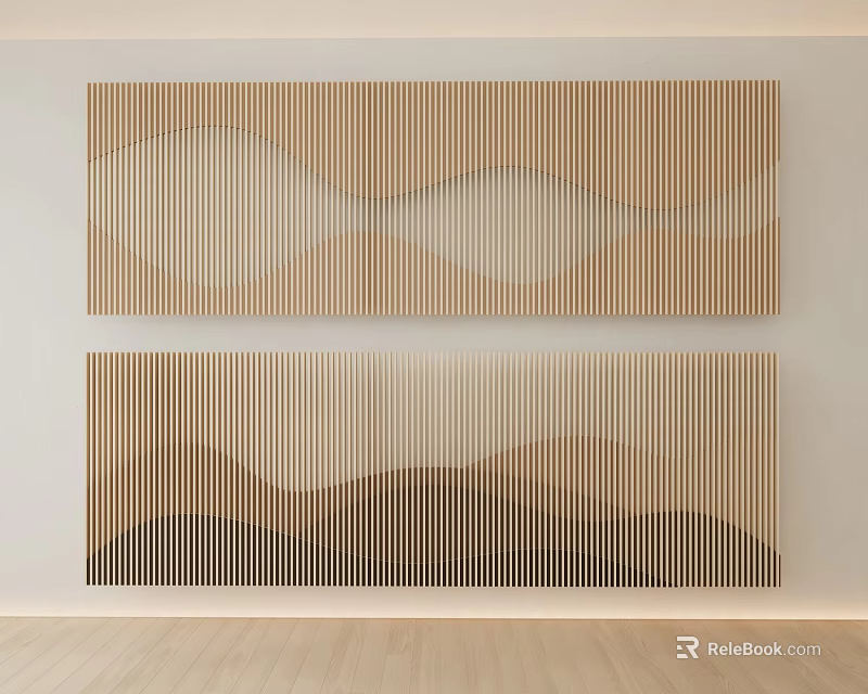 Two Panel Wooden Room Divider With Striped Design And Gradient Color For Modern Interior 3d model 