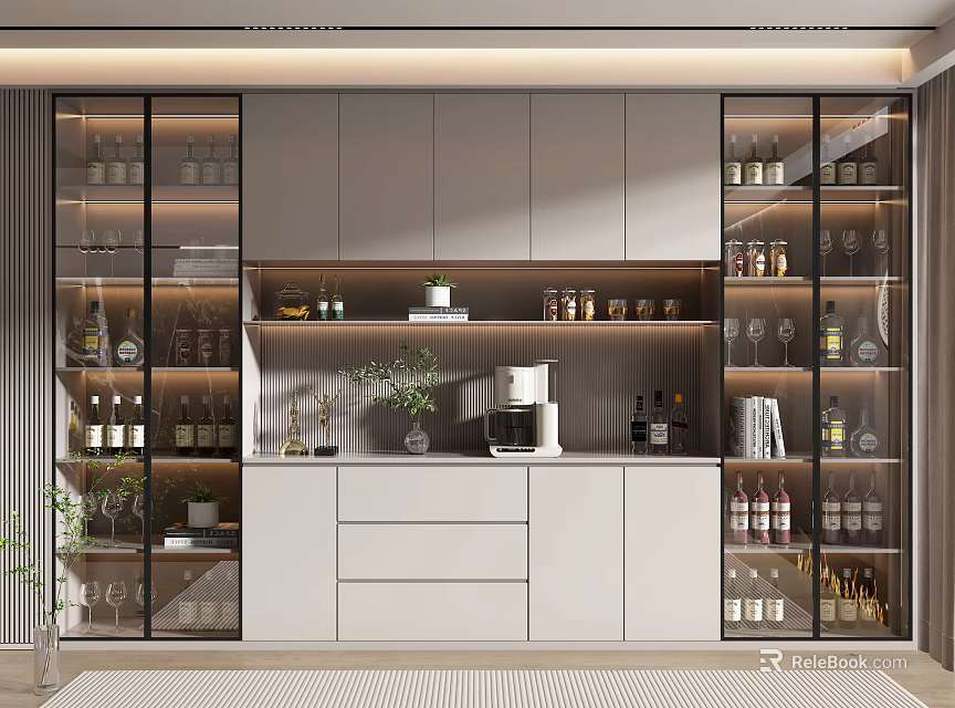 Modern Wine Cabinet With Glass Doors And Storage For Wine Bottles And Decorations 3d model 