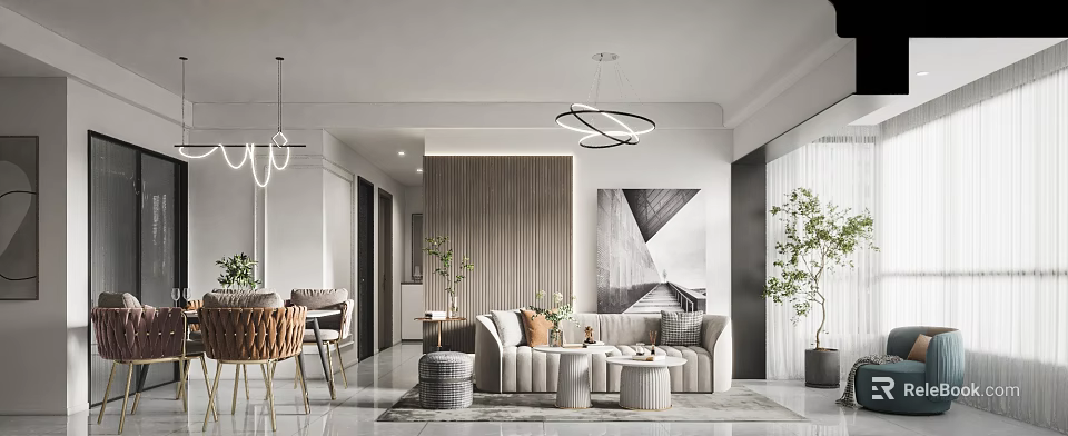 Modern Living Dining Room Interior Design With Sofa Coffee Table And Wall Art 3d model