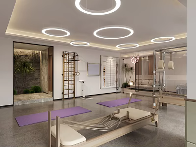 Modern Indoor Fitness Studio With Purple Yoga Mats Wooden Pilates Equipment And Circular Lights 3d model
