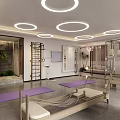 Modern Indoor Fitness Studio With Purple Yoga Mats Wooden Pilates Equipment And Circular Lights
