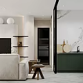 Modern Open Concept Dining and Living Room Interior With Green Cabinets Beige Sofa And Marble Countertop