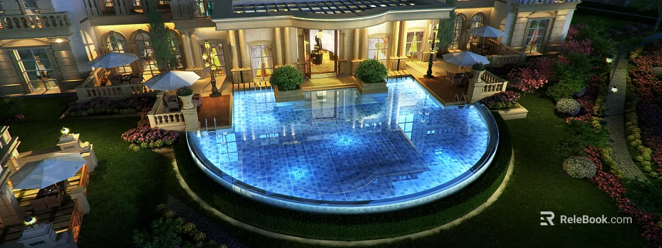 Stunning Scenery With Round Swimming Pool Luxurious Building Columns Lighting Green Plants And Umbrellas 3d model 