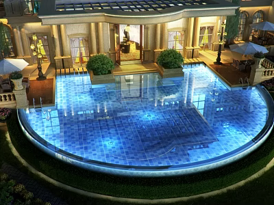 Stunning Scenery With Round Swimming Pool Luxurious Building Columns Lighting Green Plants And Umbrellas 3d model
