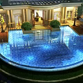 Stunning Scenery With Round Swimming Pool Luxurious Building Columns Lighting Green Plants And Umbrellas