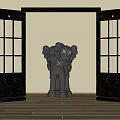 Open Double Doors With Black And Gray Glass Panels And Large Sculpture In Modern Interior