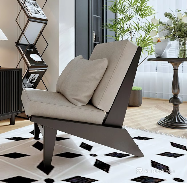 Beige Upholstered Leisure Chair With Dark Wood Frame On Patterned Rug And Indoor Plants 3d model 
